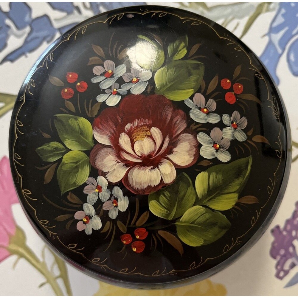 Vintage USSR Russian Art Hand Painted Lacquered Metal Trinket Box Black Floral